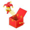 Surprise box with jester toy in joker hat for prank. April fool`s day stuff